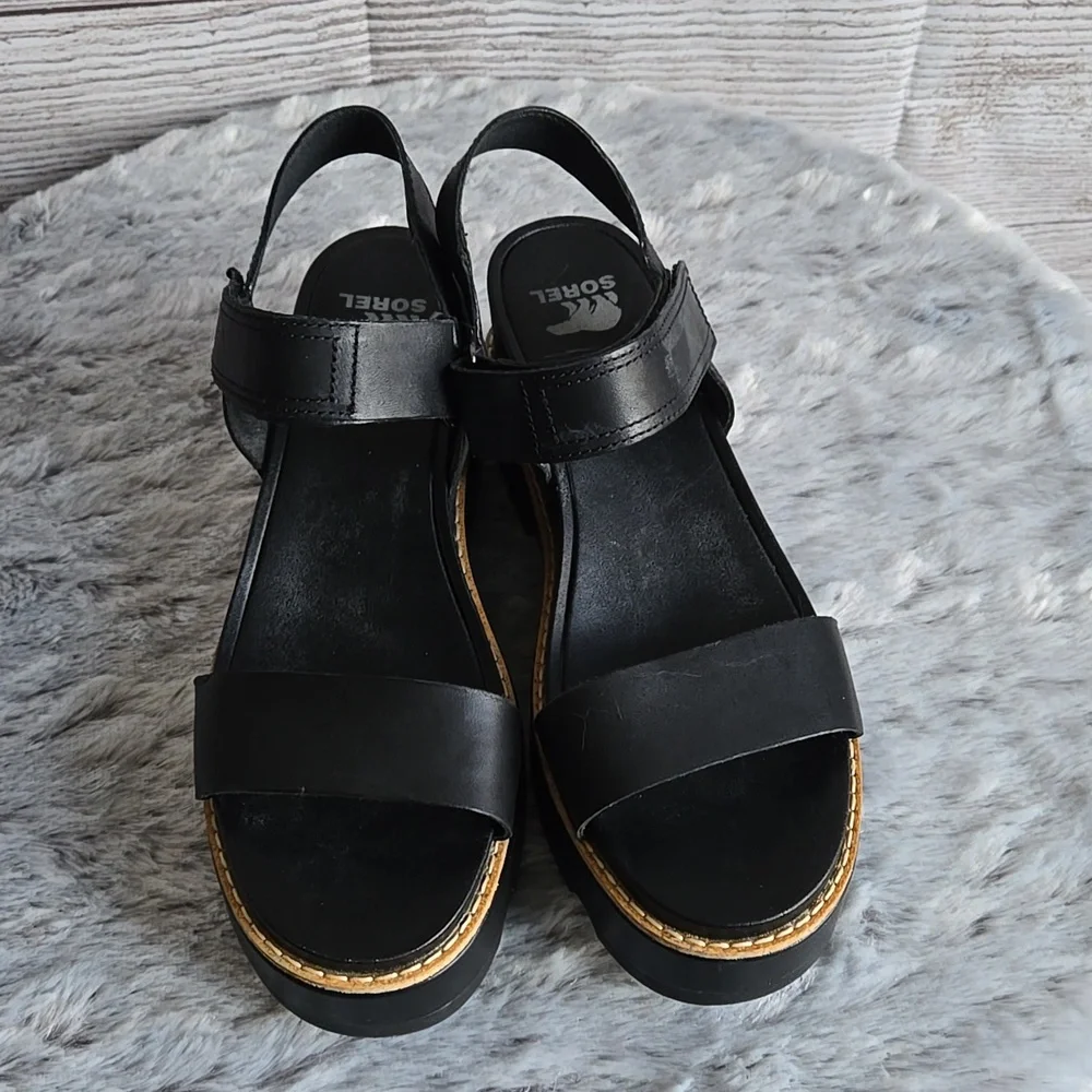 Sorel Black/Tan Platform Sandals, Womens 9 - Picture 9 of 12